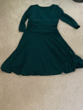 Long-Sleeve Deep Green Wrap Dress with Ruched Waist